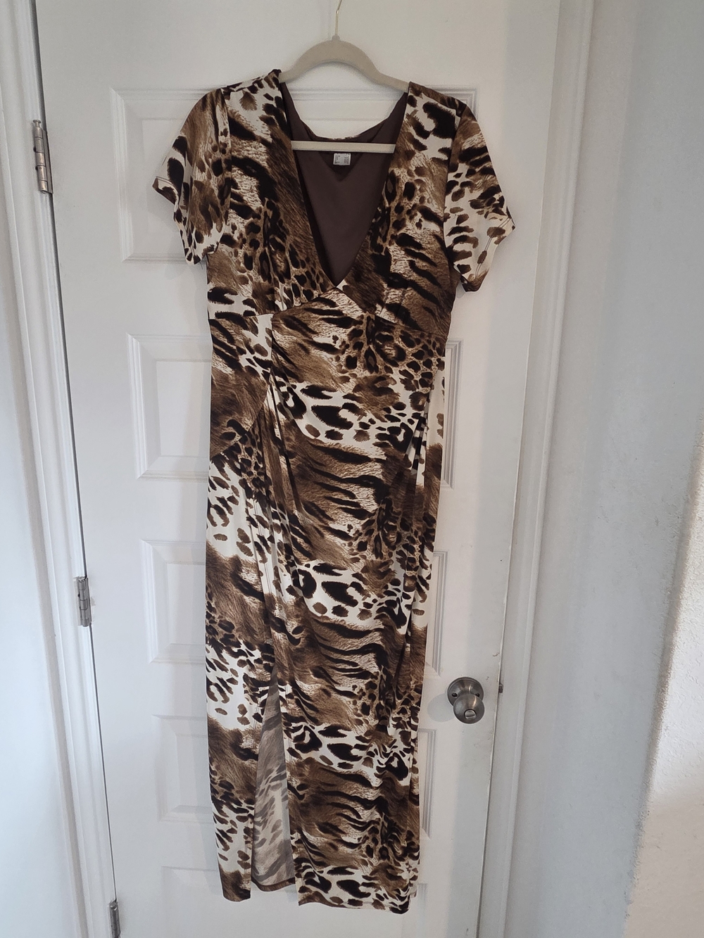 VENUS Brown and Black Animal Print V-Neck Wrap Maxi Dress